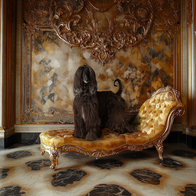 An Afghan hound on a chaise lounge