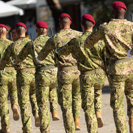 Young commandos marching in a city in Portugal