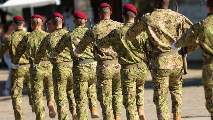 Young commandos marching in a city in Portugal