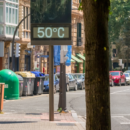 A street thermometer reading 50º