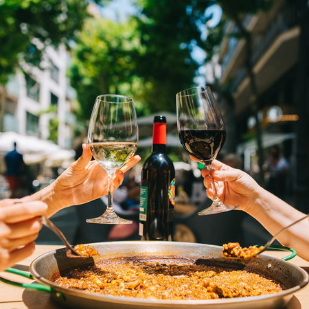 People sharing a large paella and wine at an outdoor restaurant in Spain as restaurants move towards smaller and more flexible portions under new food waste rules.