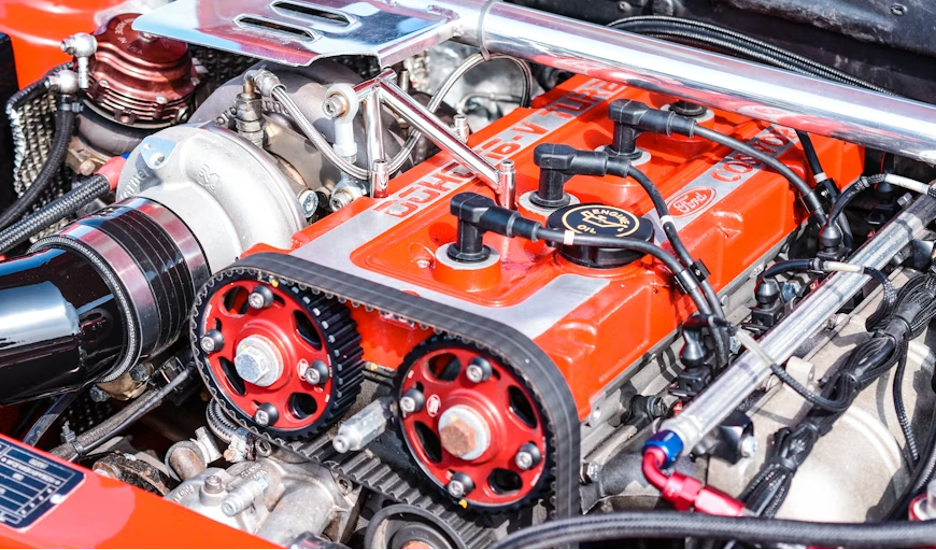 View of an engine with the timing belt visible