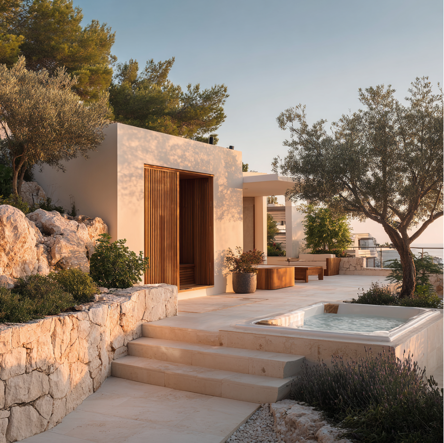 View of a luxury villa with exit into garden with a sunk spa