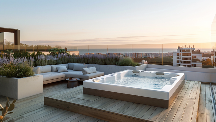 Outdoor spa on a penthouse terrace with a view looking out to sea