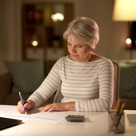 Retired woman reviewing financial paperwork at home as pensioners in Spain gain access to tax exemptions after turning 65.