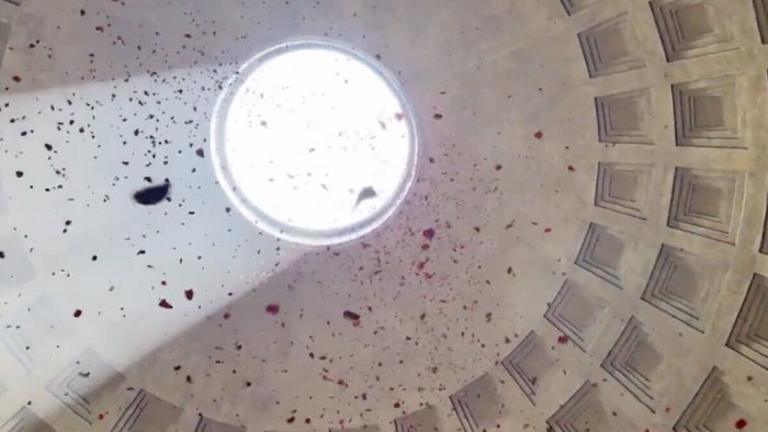 Millions of rose petals fall from Pantheon roof.