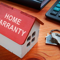 Model of house with text Home Warranty on the roof and 2 keys by the side