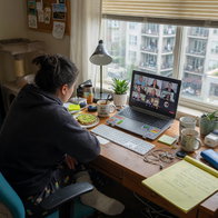 Woman working from home office on a laptop having a zoom meeting