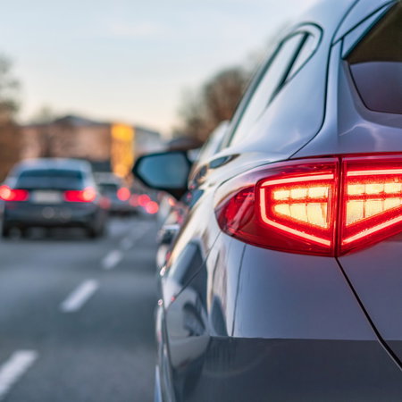 Car brake lights illuminated in traffic as new EU flashing brake light rule approaches
