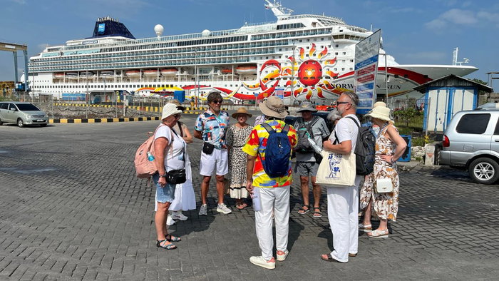 A small group of cruise ship passengers wearing sun hats and casual summer clothes standing in a circle on a paved dock, listening to a tour guide in a colorful shirt.