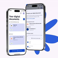 Illustration of the future EU digital wallet app displaying digital ID documents on smartphones.