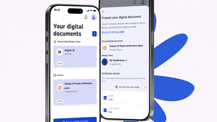 Illustration of the future EU digital wallet app displaying digital ID documents on smartphones.