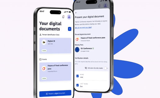 Illustration of the future EU digital wallet app displaying digital ID documents on smartphones.