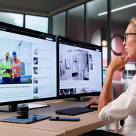 Journalist sat in front of computer screens looking a digital journalism