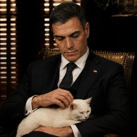Stylised image of Pedro Sánchez sitting in a dark office stroking a white cat in a scene inspired by The Godfather