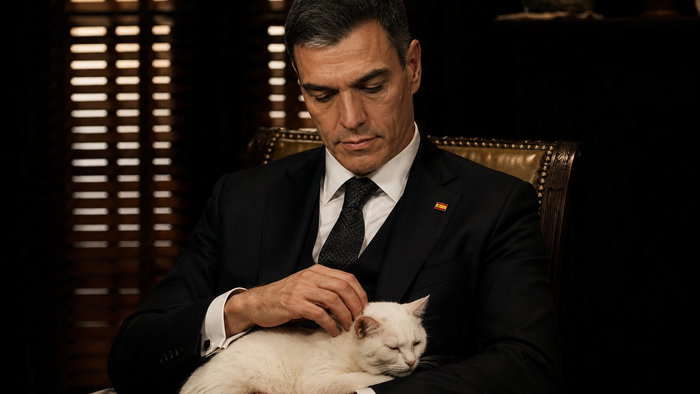 Stylised image of Pedro Sánchez sitting in a dark office stroking a white cat in a scene inspired by The Godfather