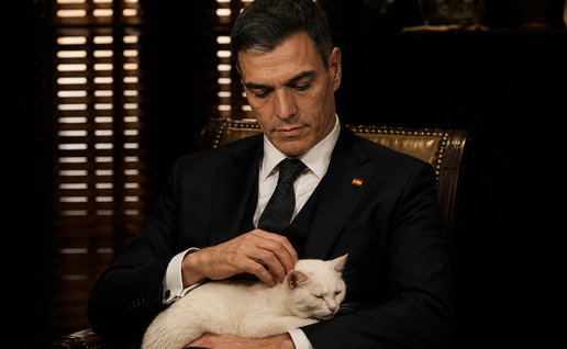 Stylised image of Pedro Sánchez sitting in a dark office stroking a white cat in a scene inspired by The Godfather