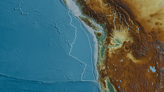 Map showing the Cascadia subduction zone and the Juan de Fuca tectonic plate off the west coast of Canada and the United States.