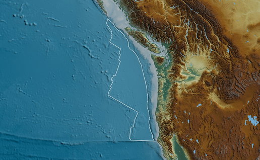 Map showing the Cascadia subduction zone and the Juan de Fuca tectonic plate off the west coast of Canada and the United States.