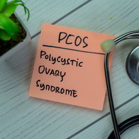 Sticky note reading “PCOS Polycystic Ovary Syndrome” next to a stethoscope during discussion about the condition’s official name change.