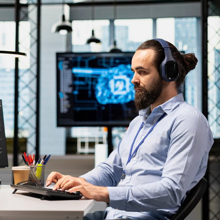 Man working on a computer using artificial intelligence tools in a modern office environment in Spain