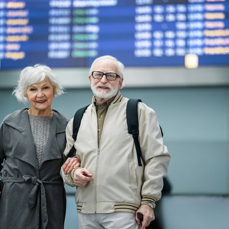Retired couple at an airport as more people consider moving abroad for retirement in 2026.
