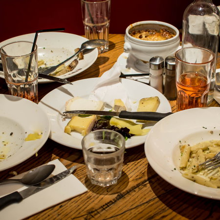 Empty plates on a dinner table at a restaurant