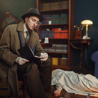Male detective with cigar writes in notebook