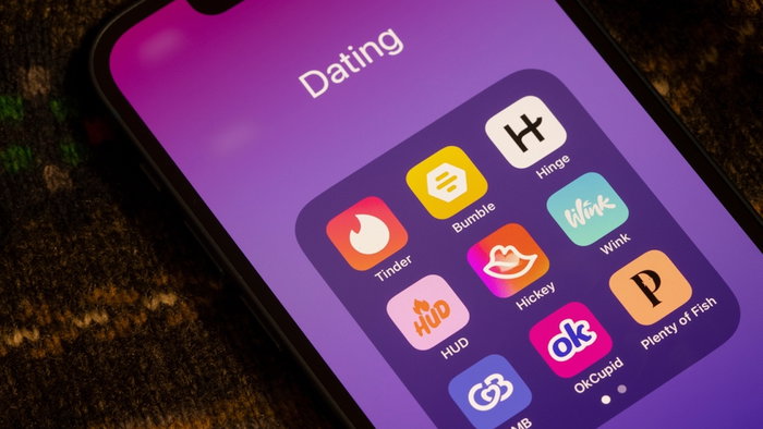 Assorted dating apps, including Tinder, Bumble and Hinge on an iPhone.