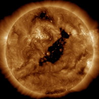 Image of a large coronal hole on the Sun that scientists say is facing Earth and producing strong solar winds.