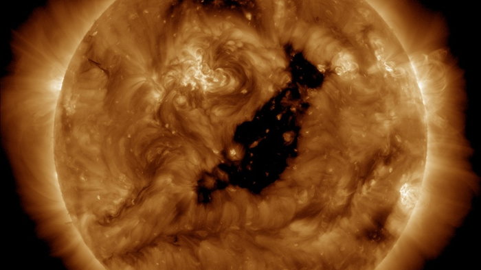 Image of a large coronal hole on the Sun that scientists say is facing Earth and producing strong solar winds.