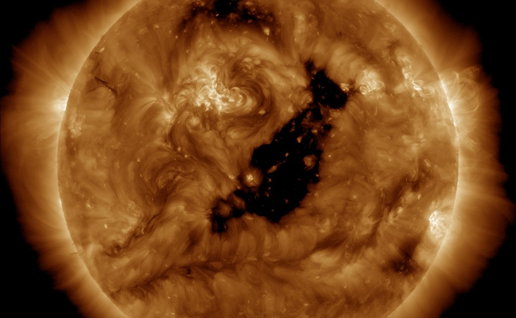 Image of a large coronal hole on the Sun that scientists say is facing Earth and producing strong solar winds.