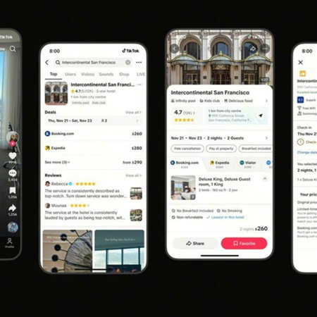 Screens showing TikTok Go’s new travel booking feature allowing users to reserve hotels directly from videos inside the app.