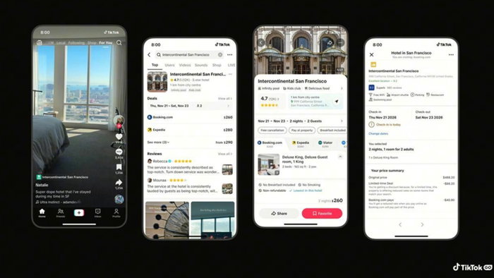 Screens showing TikTok Go’s new travel booking feature allowing users to reserve hotels directly from videos inside the app.