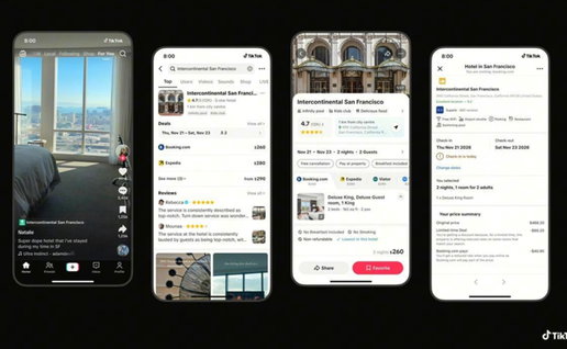 Screens showing TikTok Go’s new travel booking feature allowing users to reserve hotels directly from videos inside the app.