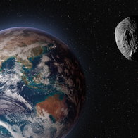 Illustration of Earth in space with a large asteroid passing nearby against a star-filled background.
