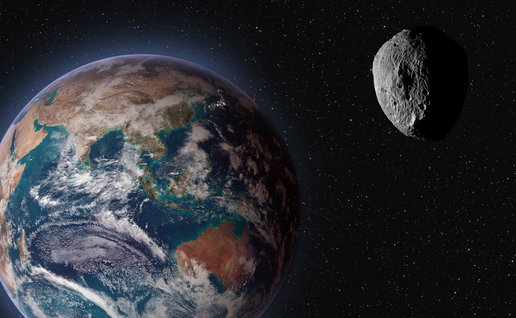Illustration of Earth in space with a large asteroid passing nearby against a star-filled background.