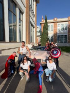 Pink Cadillac with superheroes