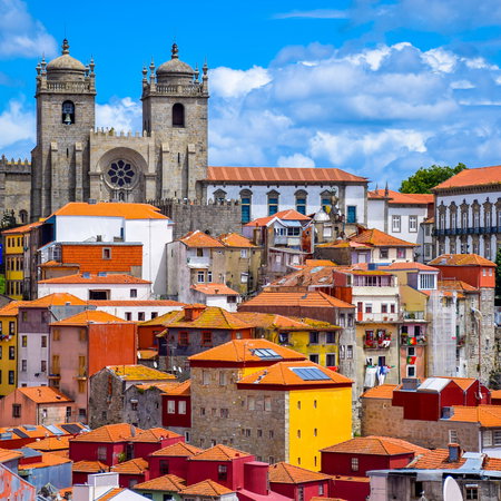 View over the old town of Porto, Portugal with the cathedral and colourful buildings