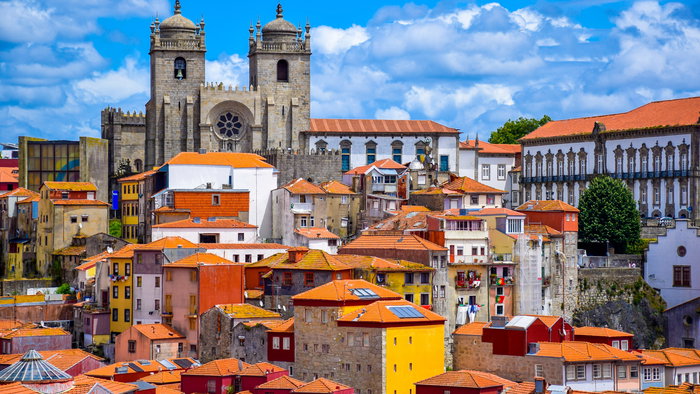 View over the old town of Porto, Portugal with the cathedral and colourful buildings