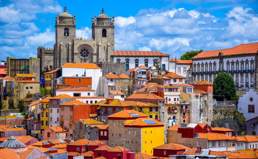 View over the old town of Porto, Portugal with the cathedral and colourful buildings