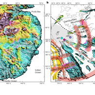Scientific maps showing the newly identified East Antarctic Fan-shaped Basin Province, a vast geological structure hidden beneath the East Antarctic Ice Sheet.