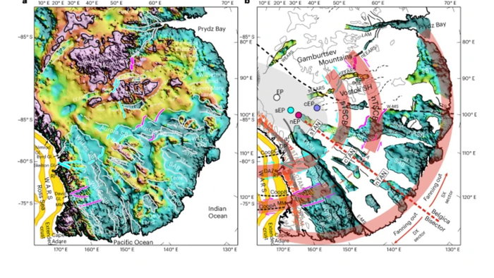 Scientific maps showing the newly identified East Antarctic Fan-shaped Basin Province, a vast geological structure hidden beneath the East Antarctic Ice Sheet.
