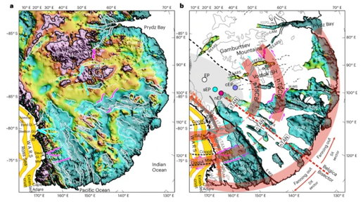 Scientific maps showing the newly identified East Antarctic Fan-shaped Basin Province, a vast geological structure hidden beneath the East Antarctic Ice Sheet.