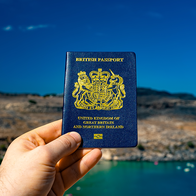 British passport held up against a sunny beach coast.