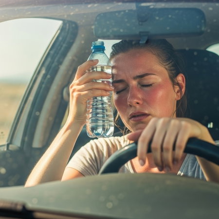 Driver cooling down with a bottle of water during extreme heat while sitting behind the wheel of a car in Spain.