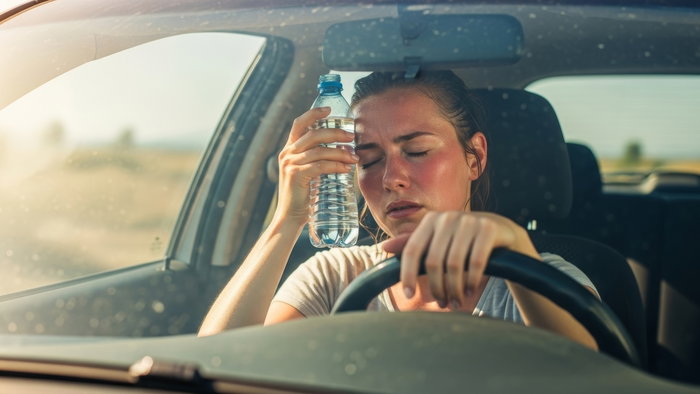 Driver cooling down with a bottle of water during extreme heat while sitting behind the wheel of a car in Spain.