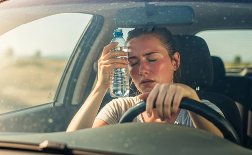 Driver cooling down with a bottle of water during extreme heat while sitting behind the wheel of a car in Spain.