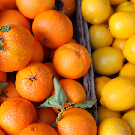 Crates of lemons and oranges.