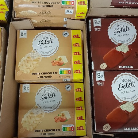 Boxes of Ice cream in a freezer